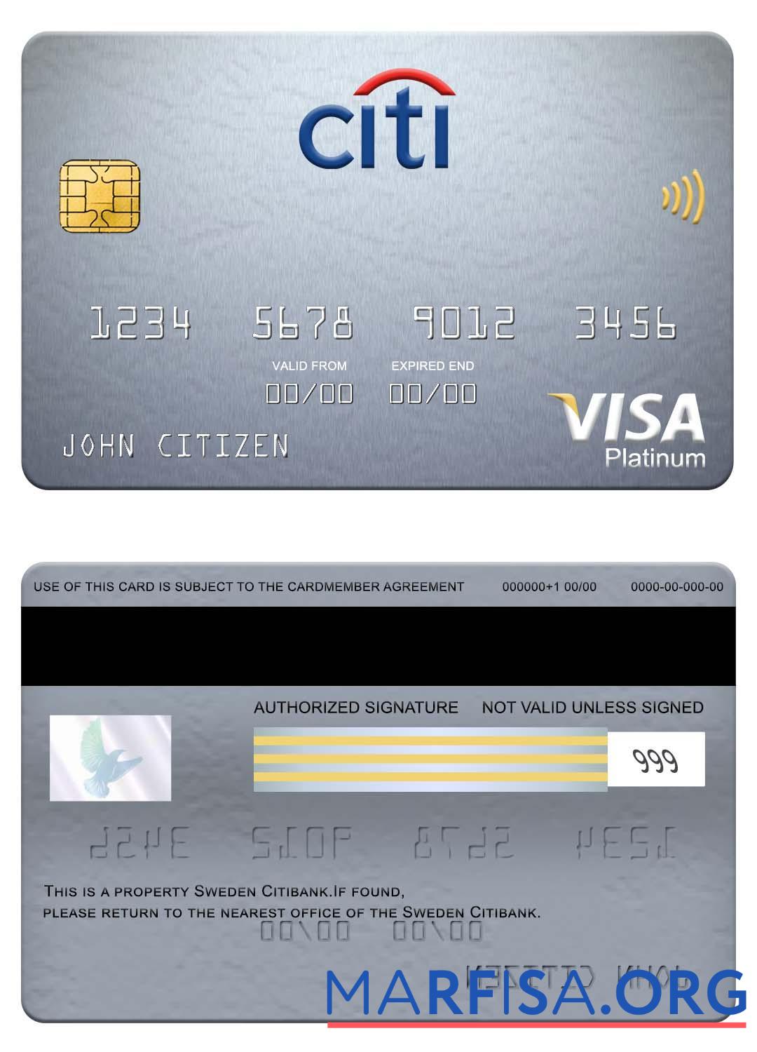 Printable Sweden Citibank visa platinum card sample